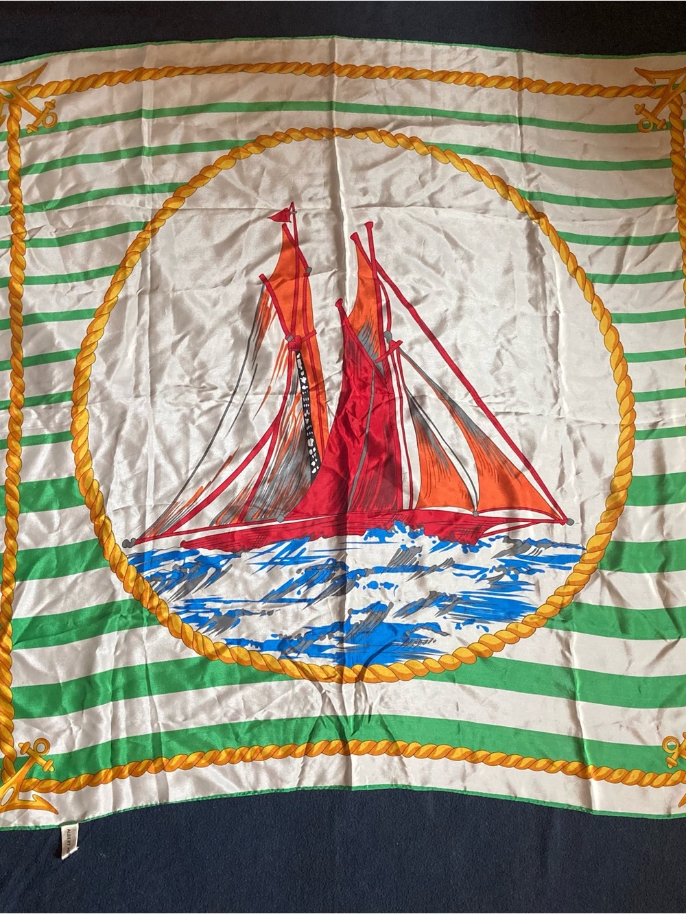 Nautical Red, Orange, Green, White Sailboat Silk Scarf Albert Nipon